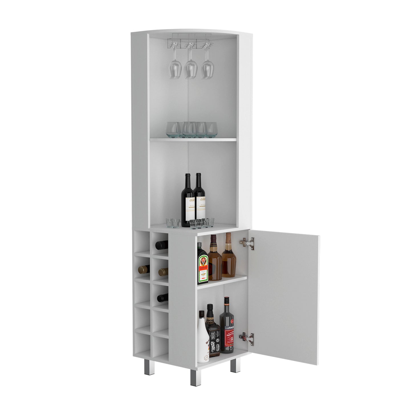 Kaia Corner Bar Cabinet with superior Glasses shelves and Cubby Shelving