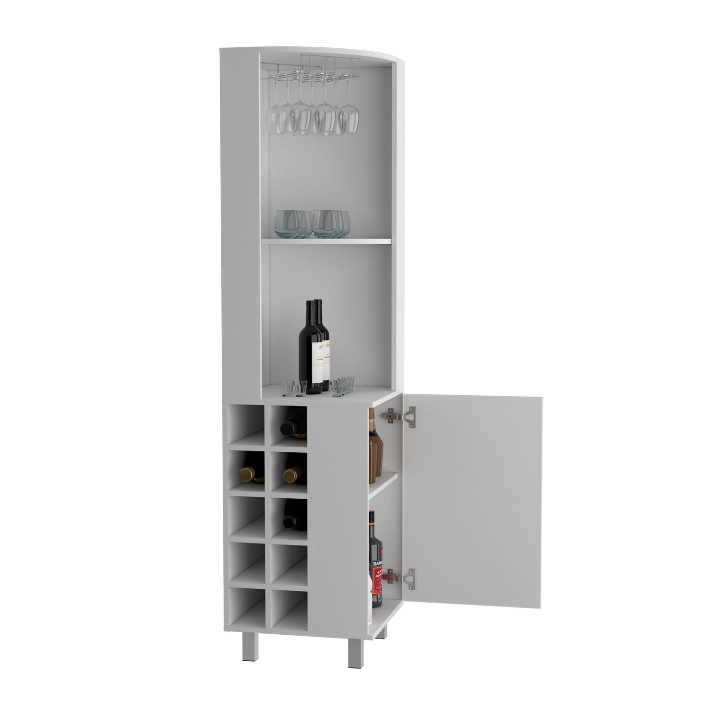 Kaia Corner Bar Cabinet with superior Glasses shelves and Cubby Shelving