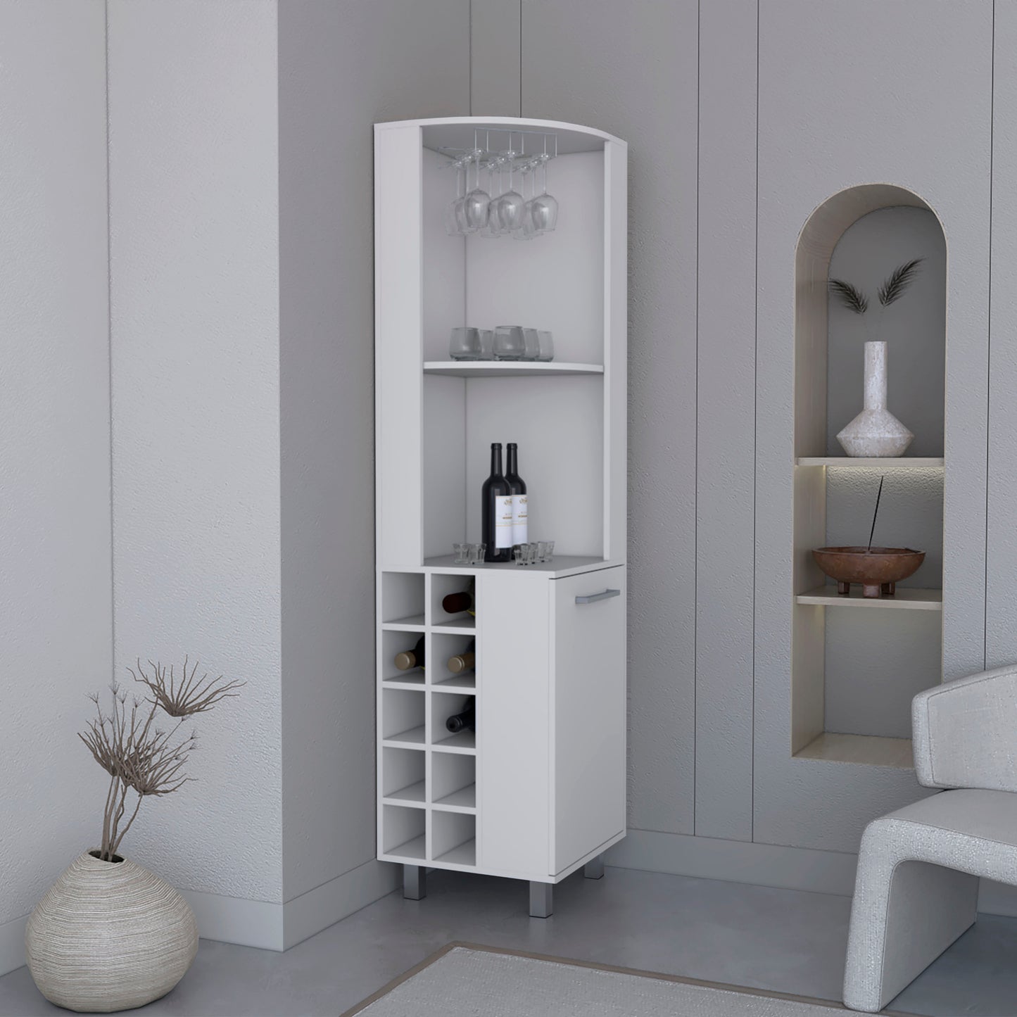 Kaia Corner Bar Cabinet with superior Glasses shelves and Cubby Shelving