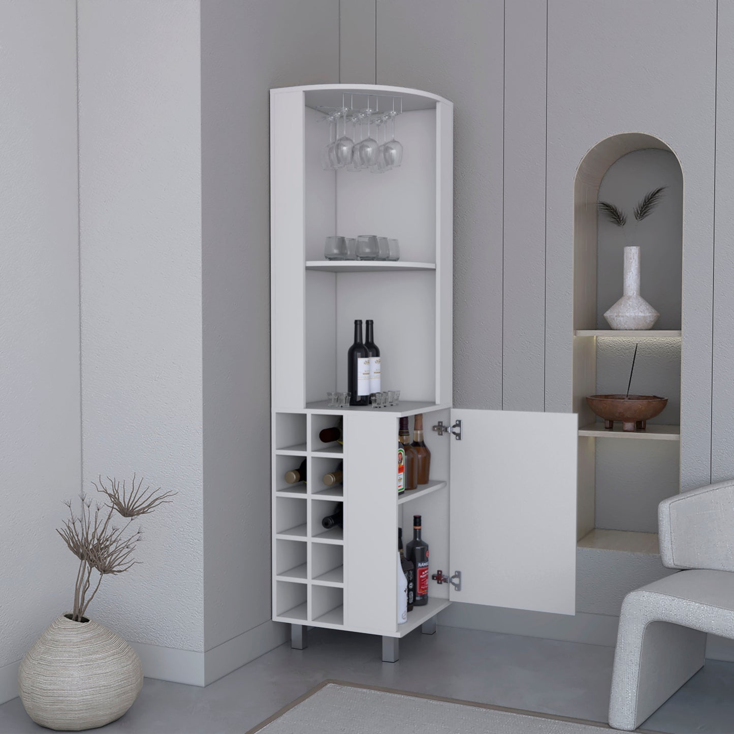 Kaia Corner Bar Cabinet with superior Glasses shelves and Cubby Shelving