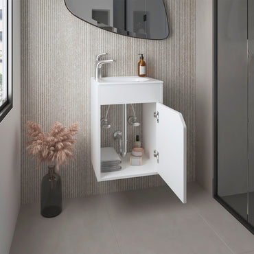 Bethel Floating Wide One-Door Vanity With Resin Sink And Two Shelves, Bathroom Storage