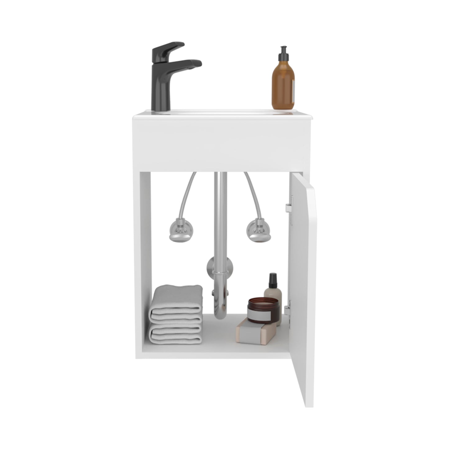 Bethel Floating Wide One-Door Vanity With Resin Sink And Two Shelves, Bathroom Storage