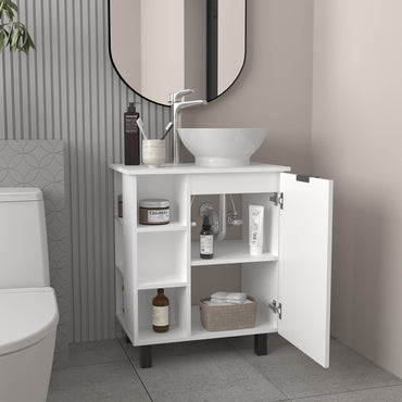 Allegra Vessel Sink Vanity with One Door Storage and Open Shelves Freestanding Bathroom Cabinet Compact Modern Vessel Basin Organizer Small Space Storage Solution