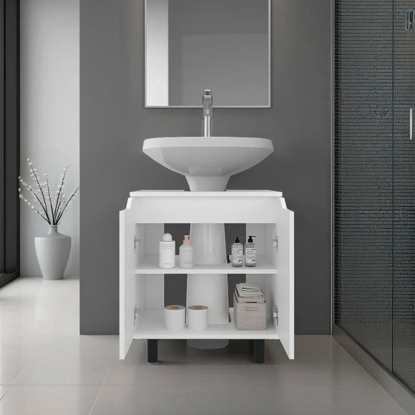 Marlo Under Sink Cabinet with Two Doors and Interior Storage Shelves, Cut-Out Back, 22” Wide Freestanding, Modern Bathroom Storage