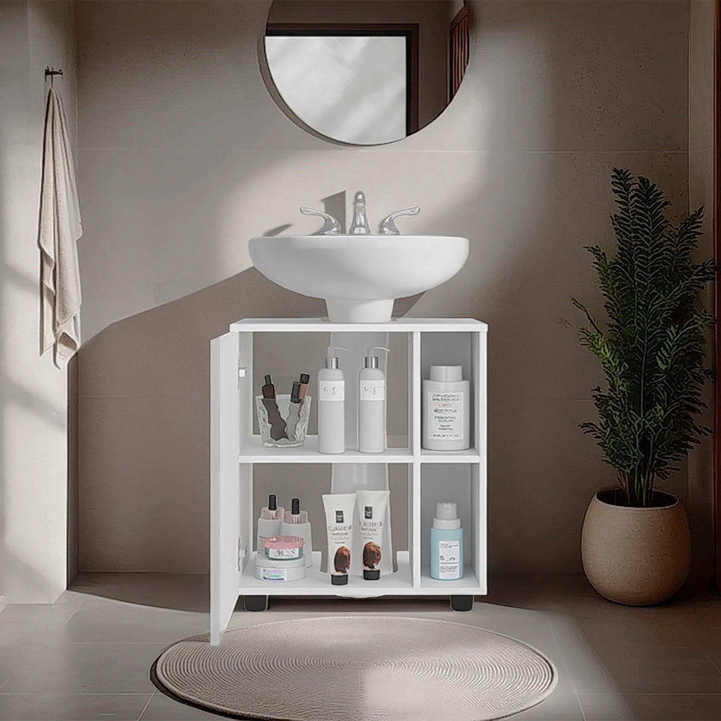 Pascuale Two Side Shelves Under Sink Cabinet with One Doors, Cut-Out Back, Compact 22” Freestanging Bathroom Storage