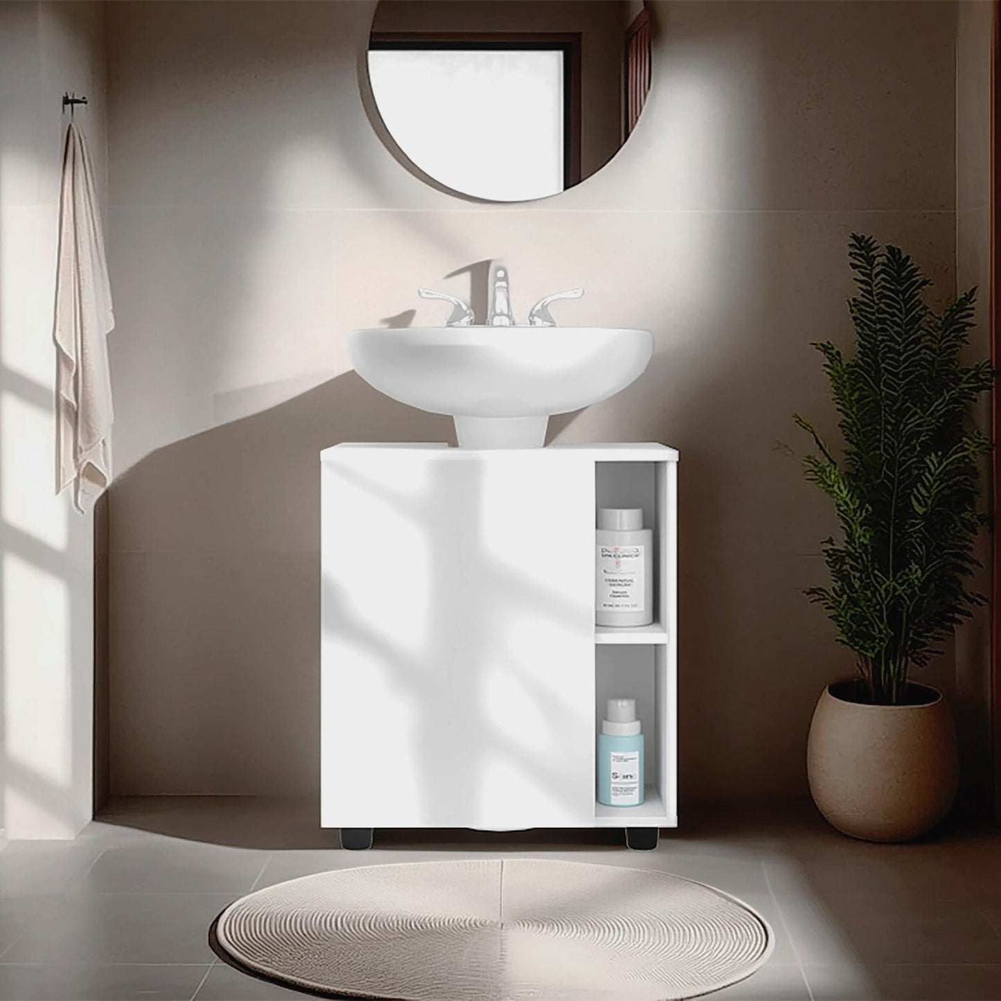 Pascuale Two Side Shelves Under Sink Cabinet with One Doors, Cut-Out Back, Compact 22” Freestanging Bathroom Storage