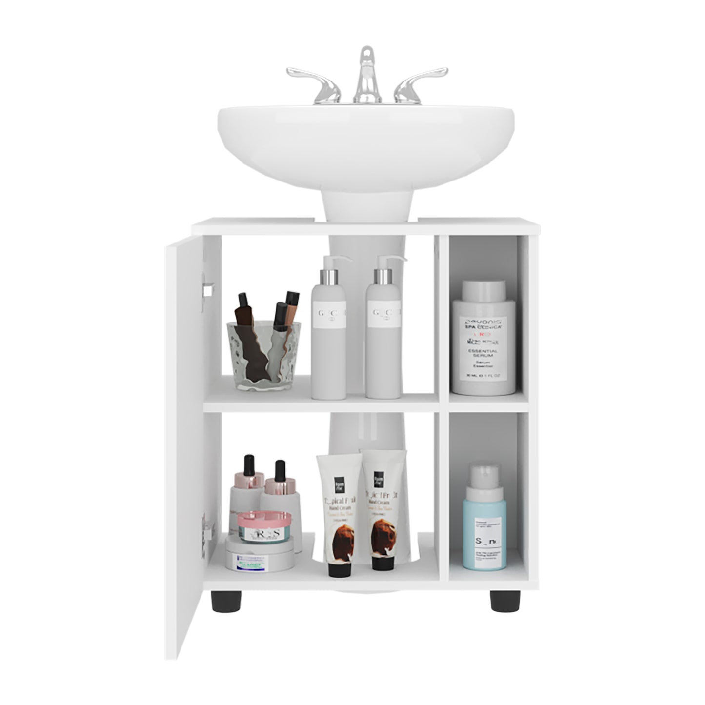 Pascuale Two Side Shelves Under Sink Cabinet with One Doors, Cut-Out Back, Compact 22” Freestanging Bathroom Storage