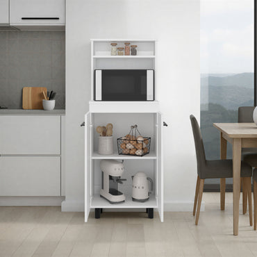White kitchen cabinet with microwave and appliances in a modern kitchen setting