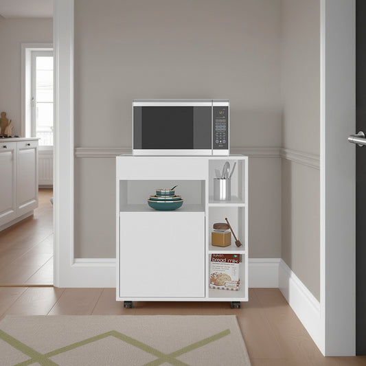 Kaito Microwave Cart and Cabinet, Freestanding Compact Sideboard with One Door Cabinet, Appliance Surface, Three Side Open Shelves and One Open Upper Shelf