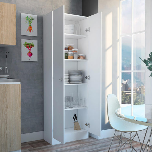 Lambardi Tall Multistorage Cabinet with Double Door, Five Shelves, Freestanding Kitchen or Laundry Room Storage Cabinet