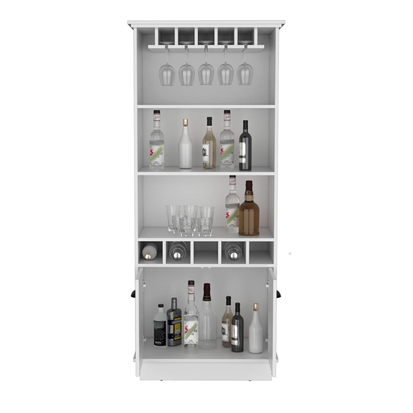 Dundee 70-Inch High 10-Glass Bar Cabinet With 5 Cubbies And 3 Open Shelves And Cabinet