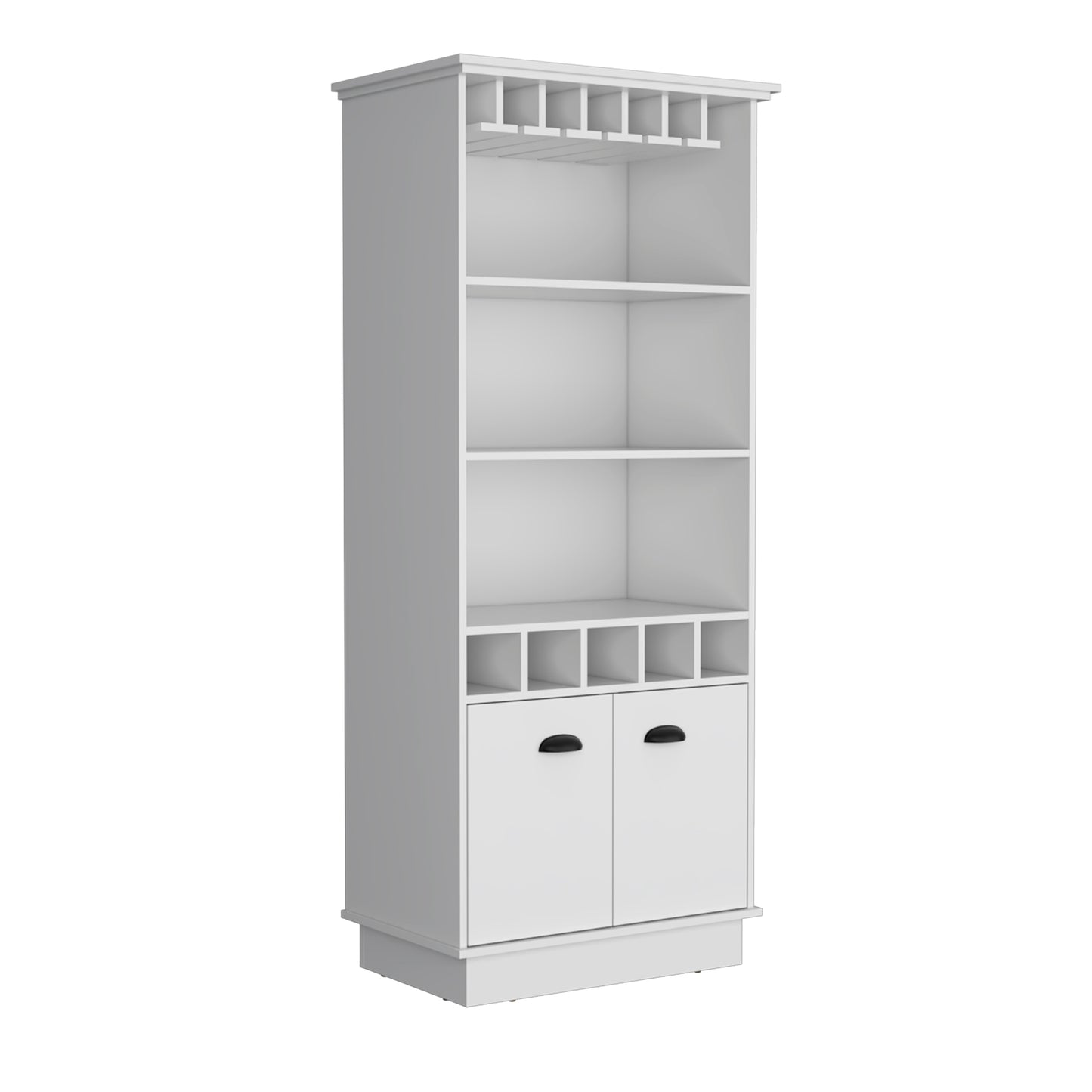 Dundee 70-Inch High 10-Glass Bar Cabinet With 5 Cubbies And 3 Open Shelves And Cabinet