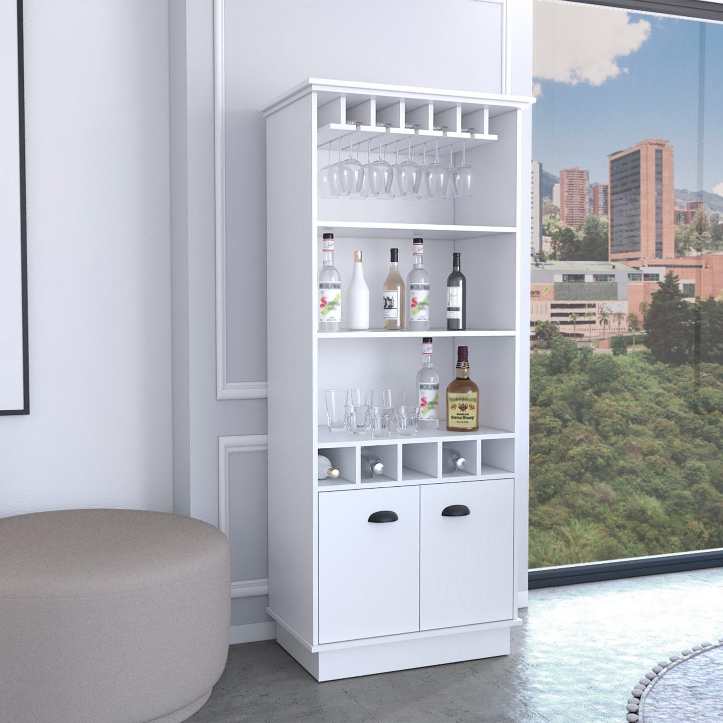 Dundee 70-Inch High 10-Glass Bar Cabinet With 5 Cubbies And 3 Open Shelves And Cabinet