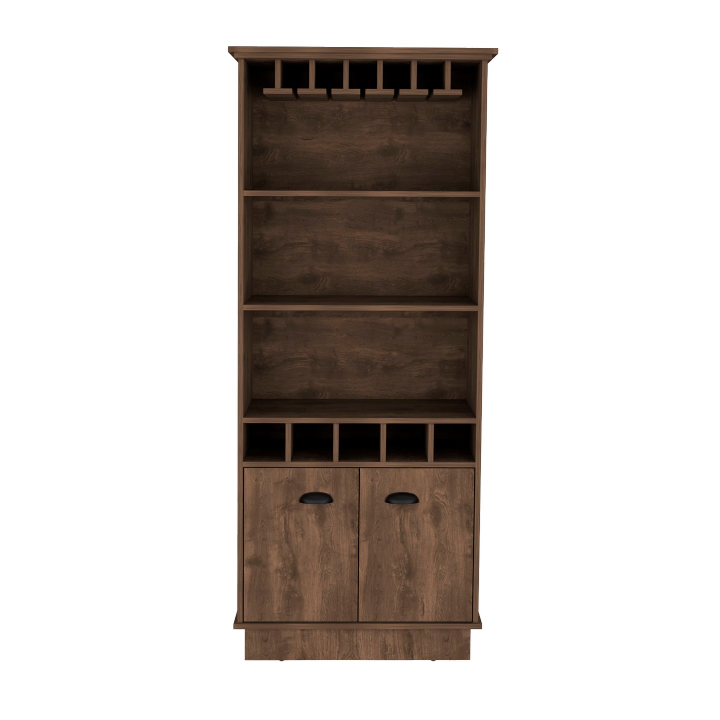 Dundee 70-Inch High 10-Glass Bar Cabinet With 5 Cubbies And 3 Open Shelves And Cabinet