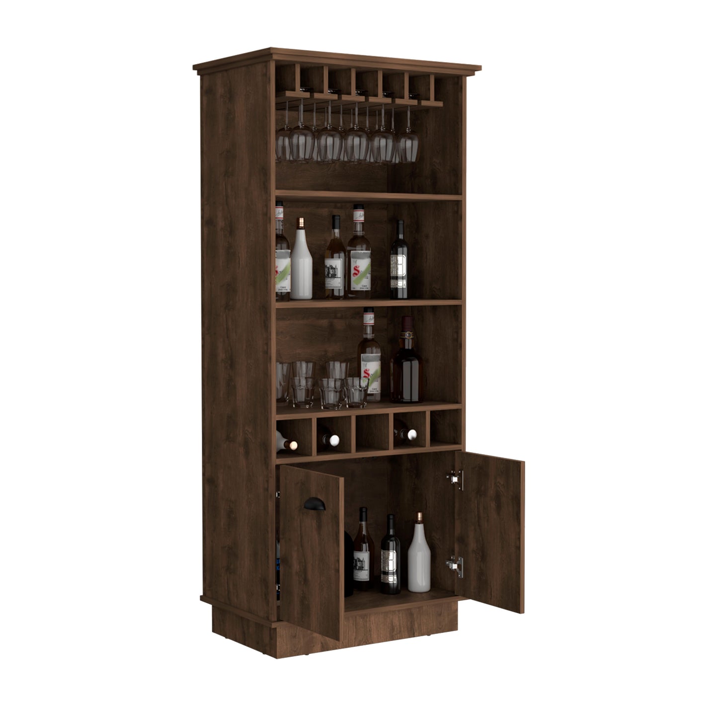 Dundee 70-Inch High 10-Glass Bar Cabinet With 5 Cubbies And 3 Open Shelves And Cabinet