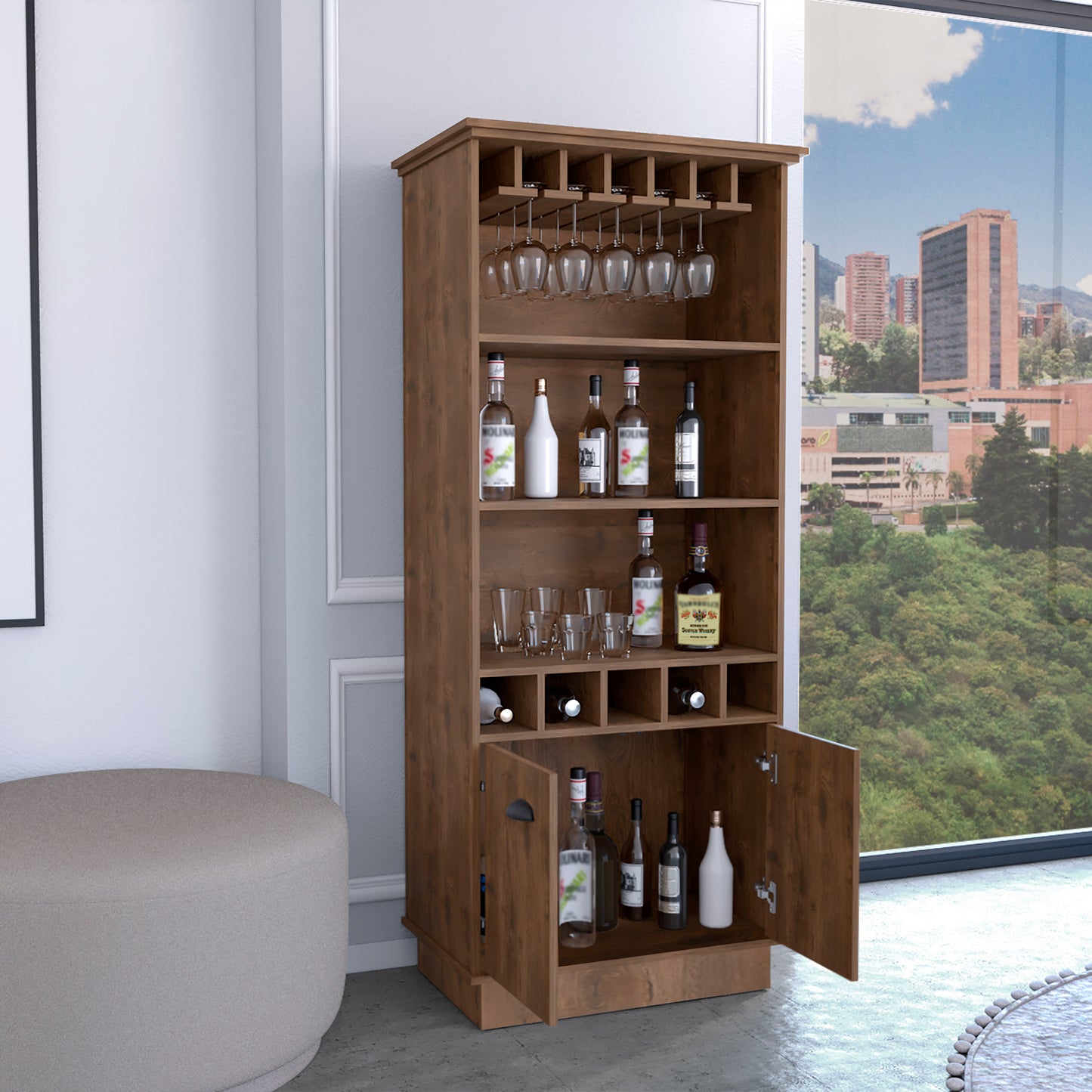 Dundee 70-Inch High 10-Glass Bar Cabinet With 5 Cubbies And 3 Open Shelves And Cabinet