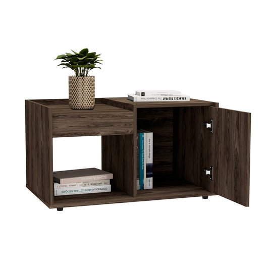 Tuhome Lyon Coffee Table with Single Door Cabinet, Open Lower Shelf, Dual Superior Top Surfaces, Modern Multifunctional Living Room Design for Organized Storage and Everyday Convenience in Contemporary Home Spaces