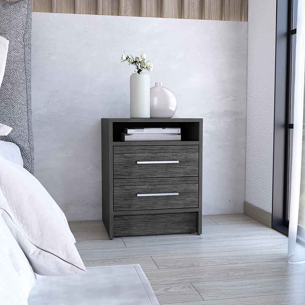 Eter Nightstand Minimalist Modern Style, Superior Top Shelf, One Open Storage Shelf And Two Drawers, Modern Bedside Storage