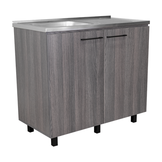 Napoles Utility Sink with Faucet Inclued and Integrated Steel Counter top, Freestanding cabinet with two doors, Metal Handles and Two interior shelves.