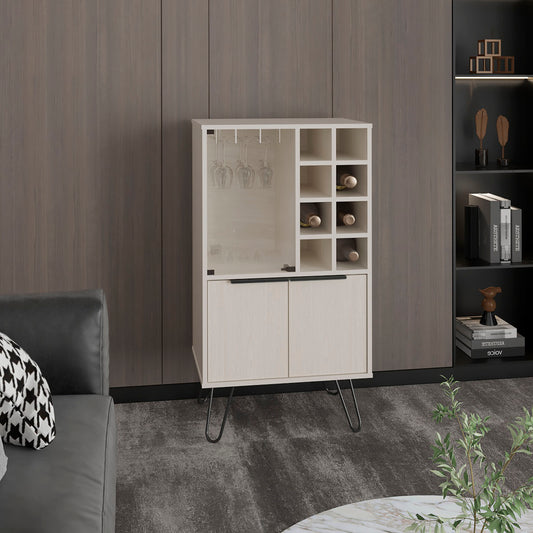 TUHOME Aster Bar Cabinet with Double Doors, Glass Display Compartment, Eight Bottle Cubbies and Stemware Storage, Versatile Organization for Dining or Living Spaces, Modern Design Ideal for Entertaining and Everyday Home Use