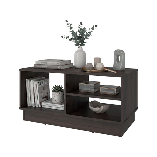 Caoba Modern Coffee Table with Three Open Shelves Storage, Rectangular Accent Center Table for Living Room, Apartment, Office or Family Room