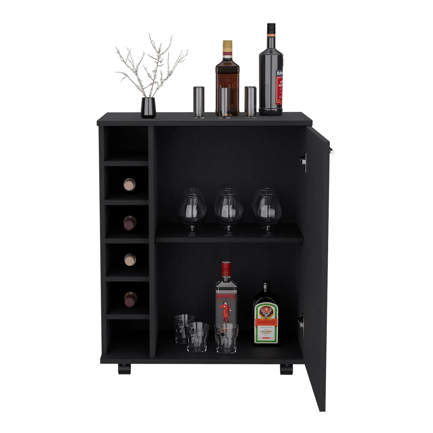 Wick Bar Cart with Cubby Shelving