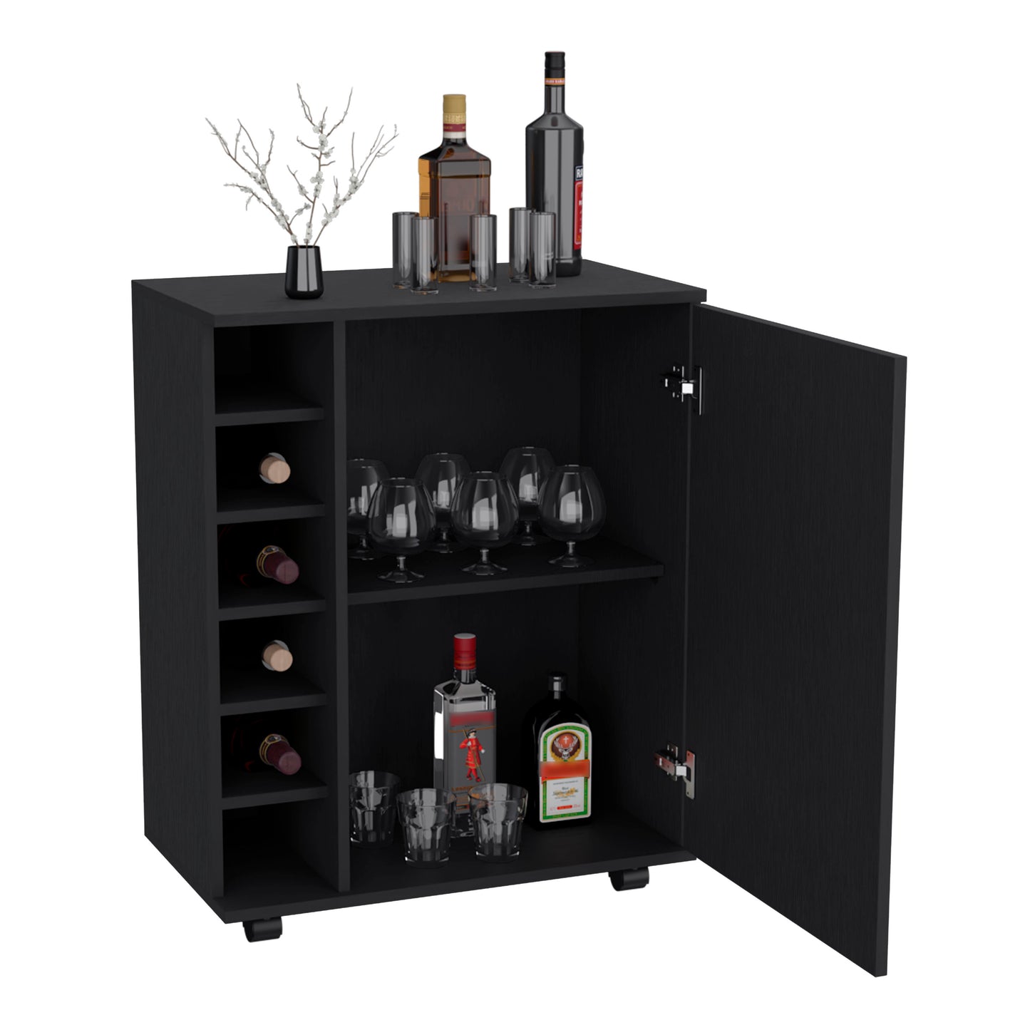 Wick Bar Cart with Cubby Shelving