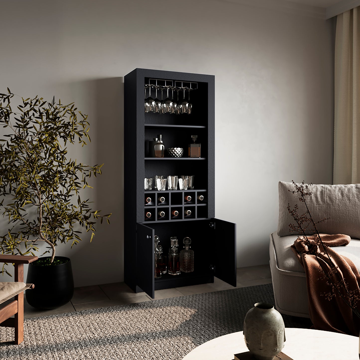 Nero Tall Bar Cabinet 4-Tier Modern Bar Cabinet with Glass Holder Stemware Rack, Wine Cabinet, Liquor Cabinet, 10 Bottle Cubbies and 4 Shelves.