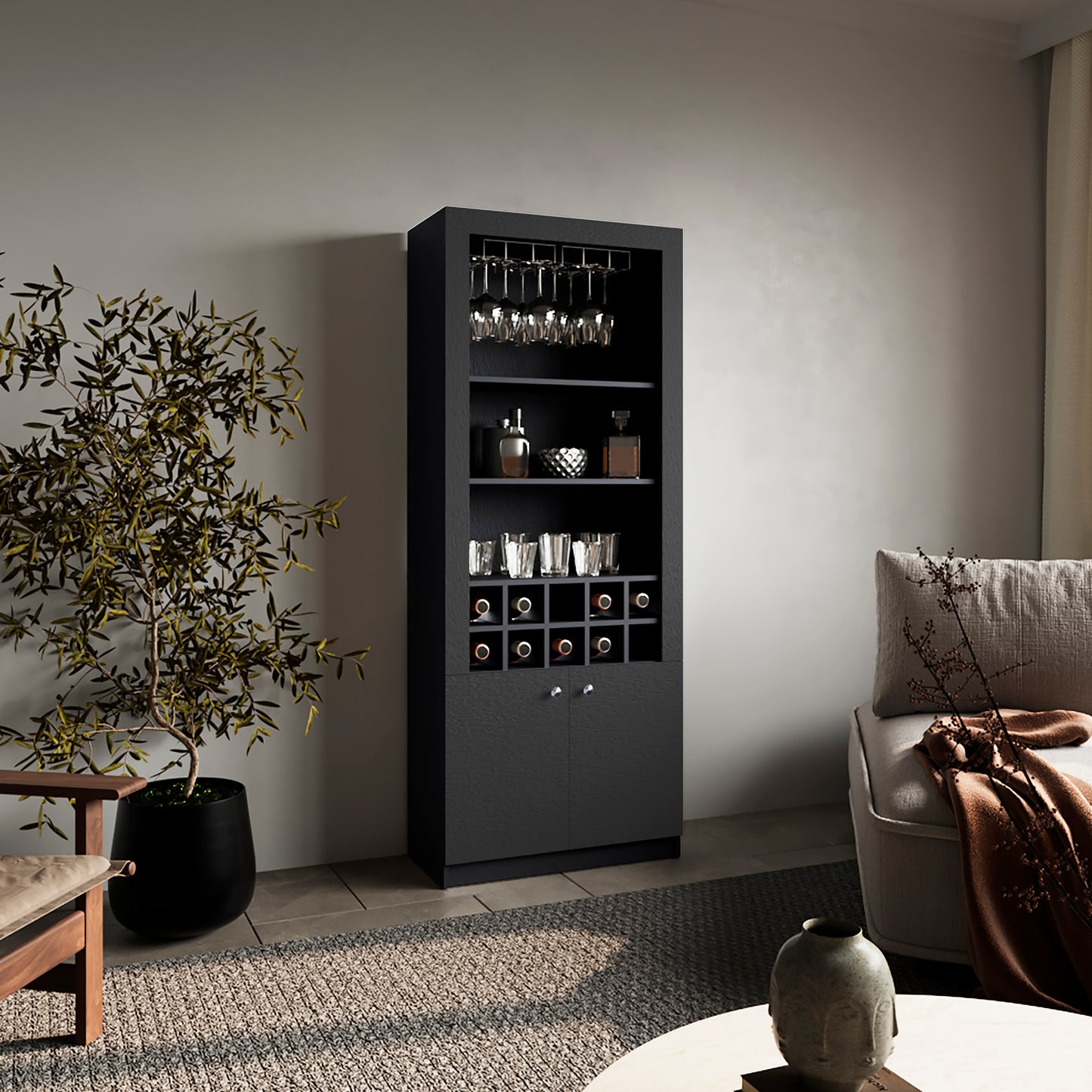 Nero Tall Bar Cabinet 4-Tier Modern Bar Cabinet with Glass Holder Stemware Rack, Wine Cabinet, Liquor Cabinet, 10 Bottle Cubbies and 4 Shelves.