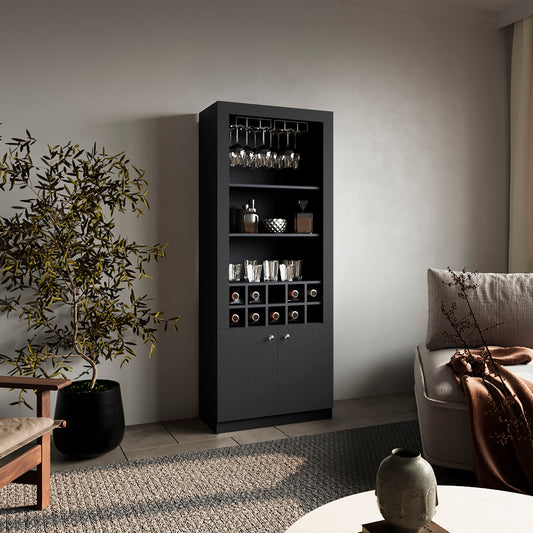 Nero Tall Bar Cabinet 4-Tier Modern Bar Cabinet with Glass Holder Stemware Rack, Wine Cabinet, Liquor Cabinet, 10 Bottle Cubbies and 4 Shelves.