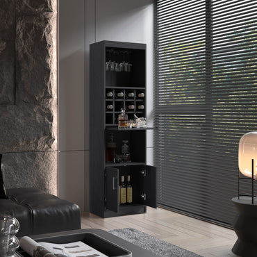 Kevil 71-Inch Tall Bar Cabinet 5-Tier Modern Bar Cabinet with Glass Holder Stemware Rack, Wine Cabinet, Liquor Cabinet, 12 Bottle Cubbies, 5 Shelves, and Pull Out Tray