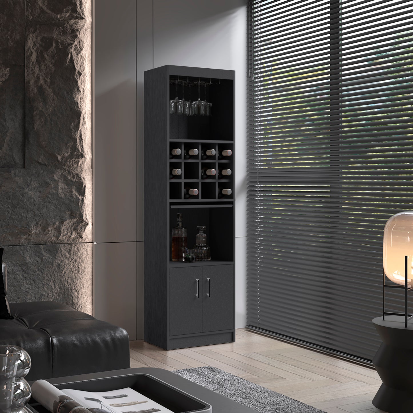 Kevil 71-Inch Tall Bar Cabinet 5-Tier Modern Bar Cabinet with Glass Holder Stemware Rack, Wine Cabinet, Liquor Cabinet, 12 Bottle Cubbies, 5 Shelves, and Pull Out Tray