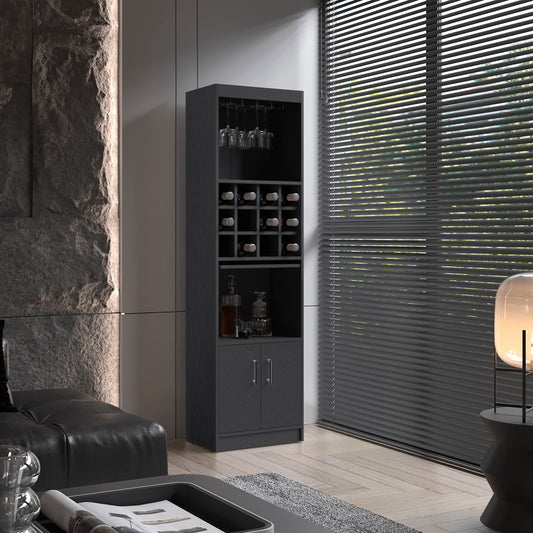 Kevil 71-Inch Tall Bar Cabinet 5-Tier Modern Bar Cabinet with Glass Holder Stemware Rack, Wine Cabinet, Liquor Cabinet, 12 Bottle Cubbies, 5 Shelves, and Pull Out Tray