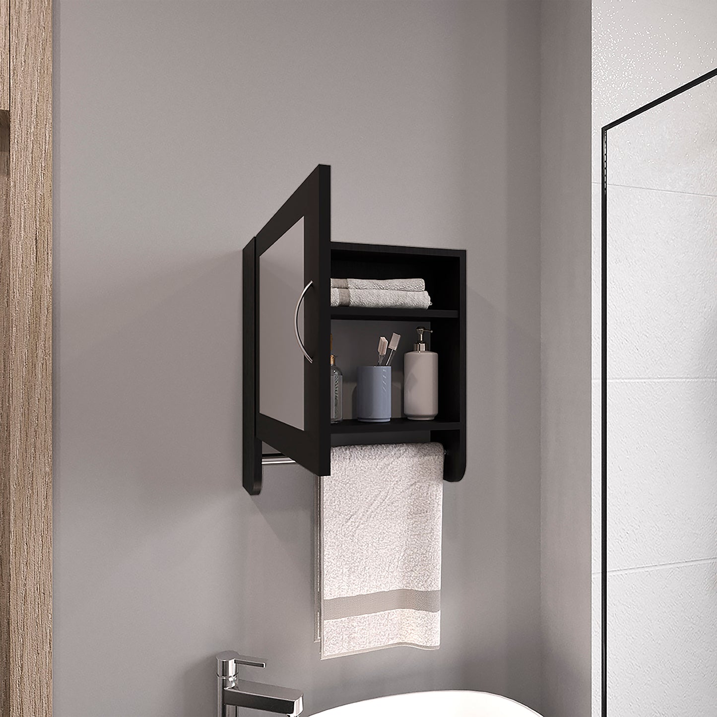 Botiq Mirror Medicine Cabinet with Towel Rack White, One door with Two interior Shelves for Bathroom, Kitchen 19.7" H x 17.7" W