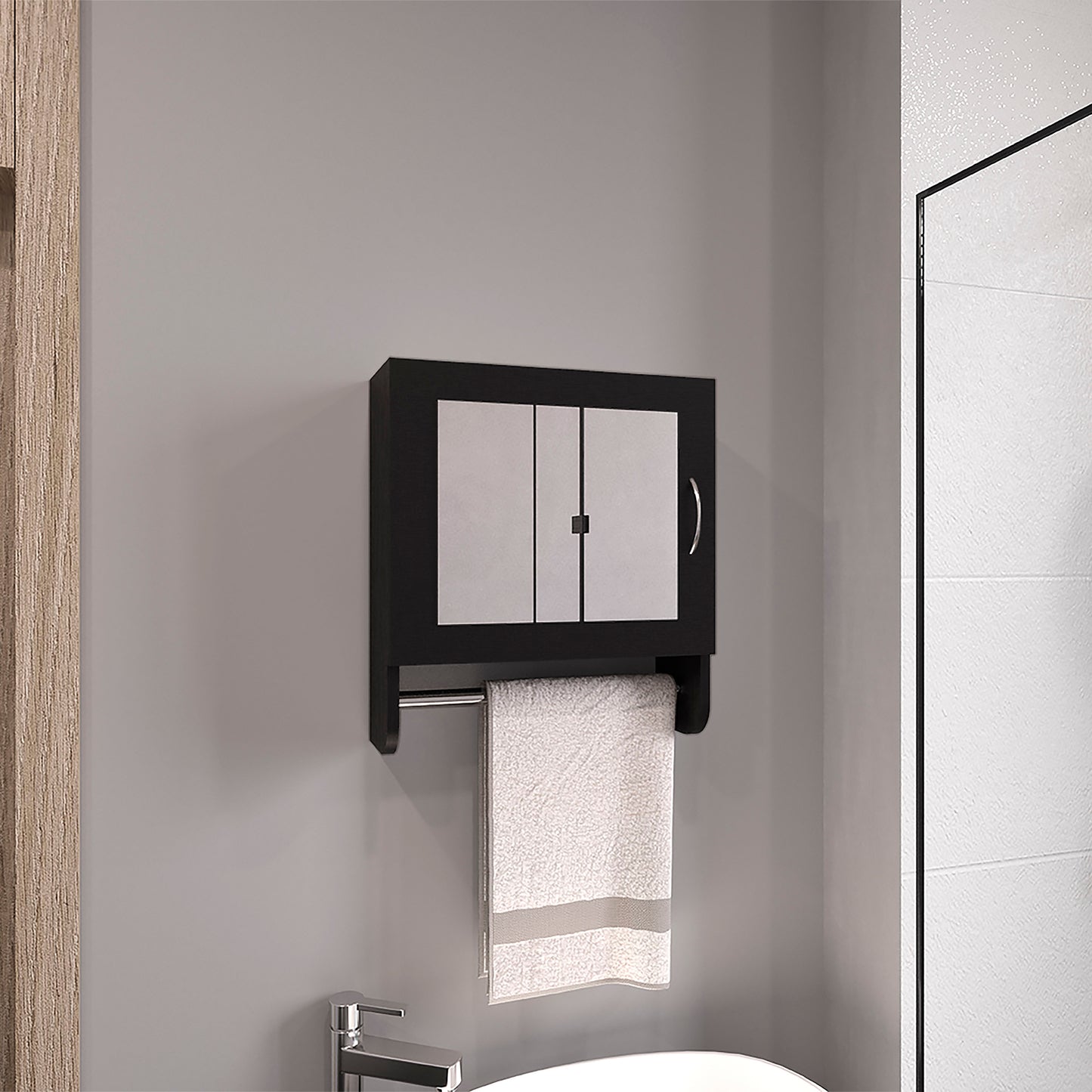 Botiq Mirror Medicine Cabinet with Towel Rack White, One door with Two interior Shelves for Bathroom, Kitchen 19.7" H x 17.7" W