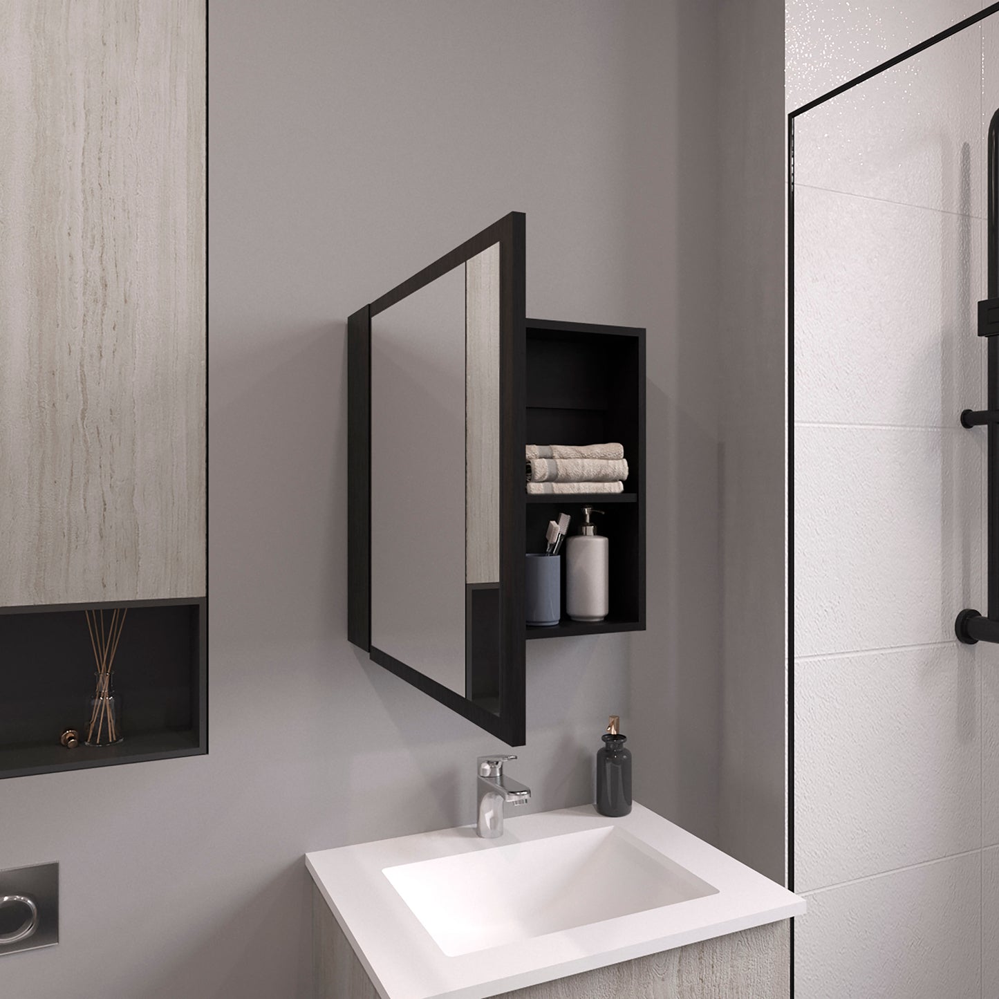 Duma 21.1" H x 19.7" W Mirror Medicine Cabinet, One door with Four interior Shelves for Bathroom, Kitchen