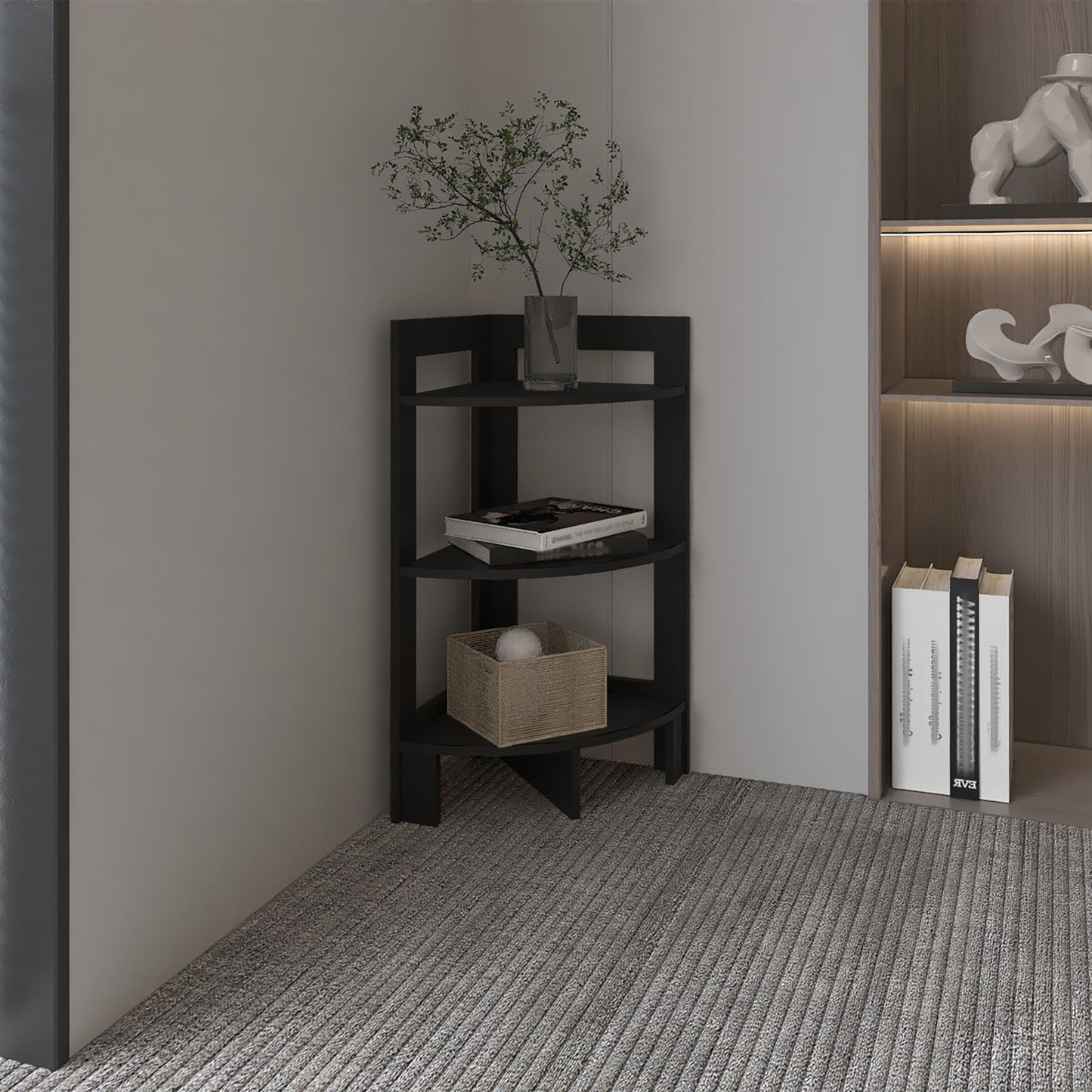 Riga Corner Design Side Table with Three Shelves, Functional Display Furniture for Living Room