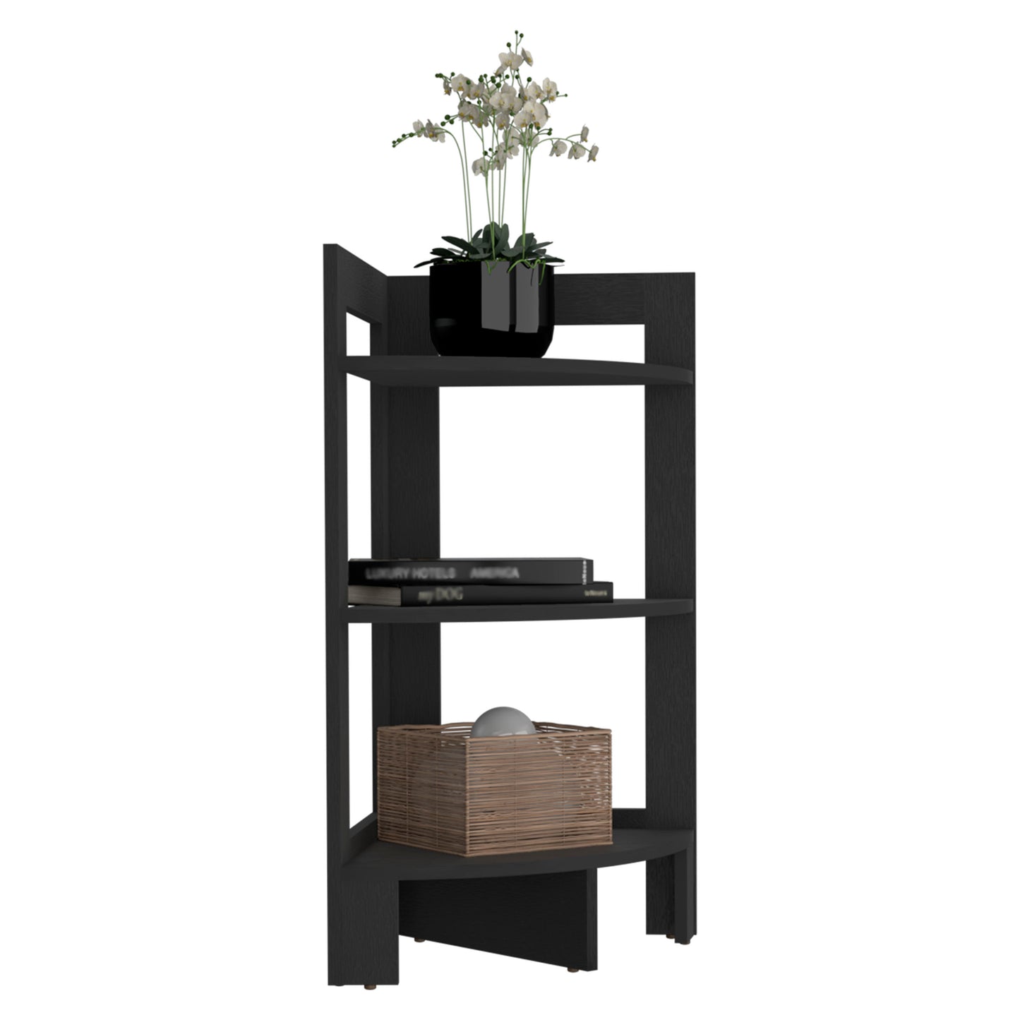 Riga Corner Design Side Table with Three Shelves, Functional Display Furniture for Living Room
