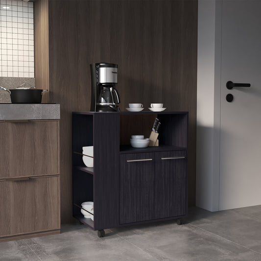 Eldon Kitchen Cart, Base Cabinet with Four Open Shelves, One Top Shelf for Coffee Machine, And One Storage Shelf