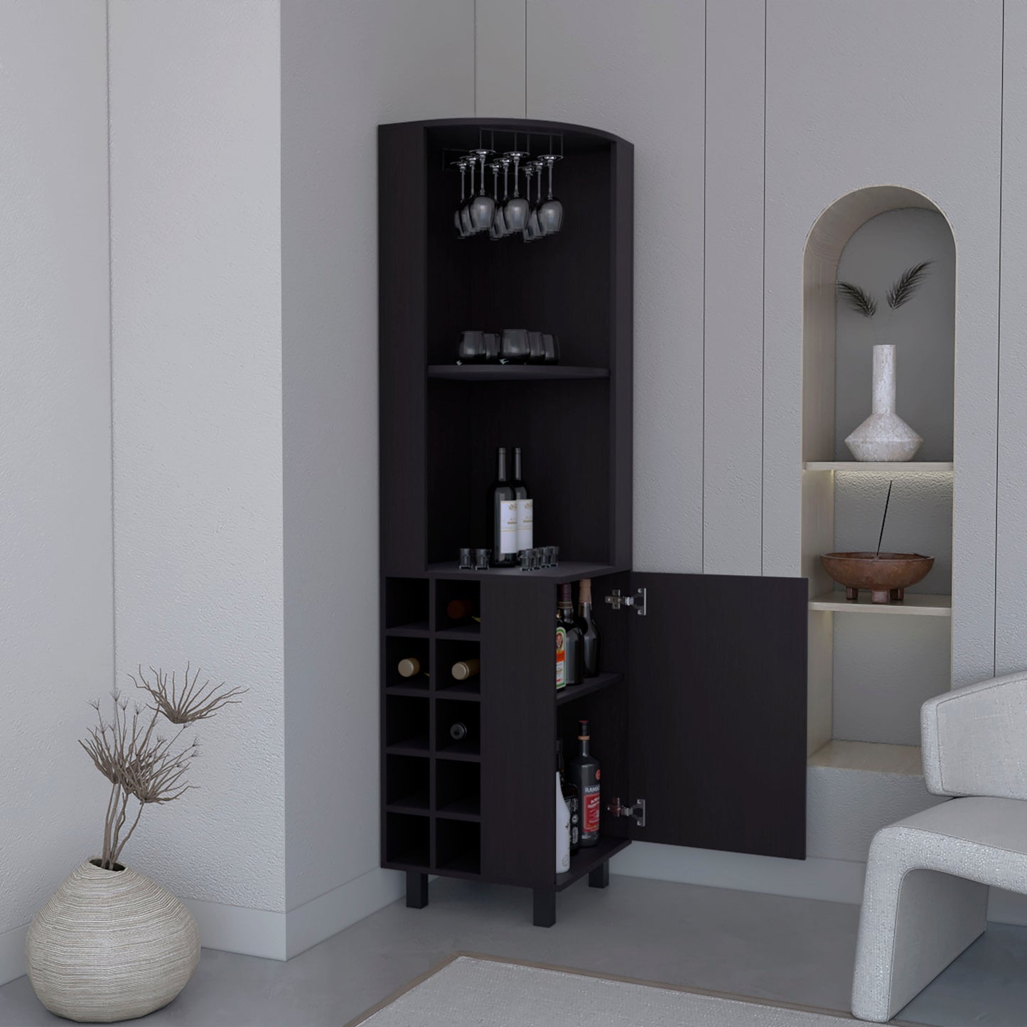 Kaia Corner Bar Cabinet with superior Glasses shelves and Cubby Shelving