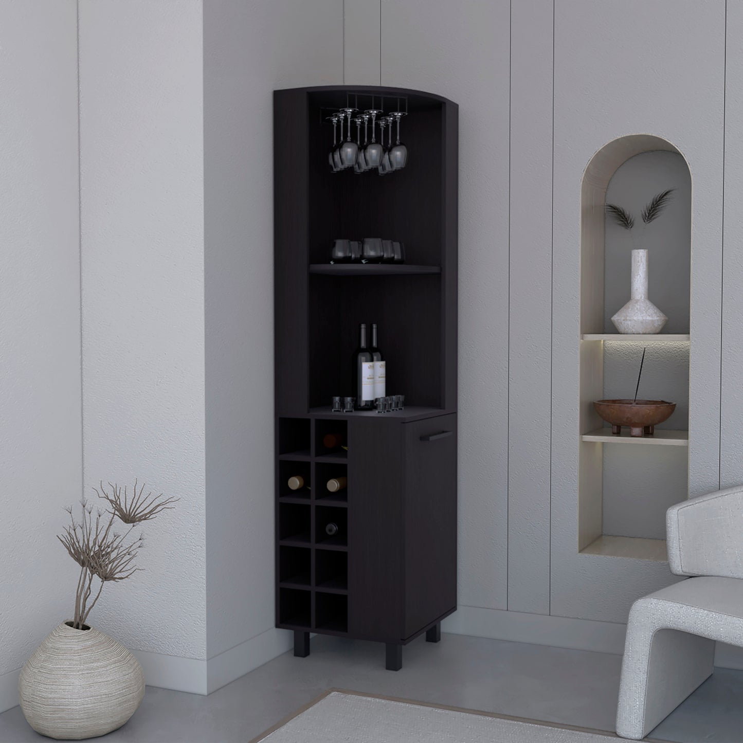 Kaia Corner Bar Cabinet with superior Glasses shelves and Cubby Shelving