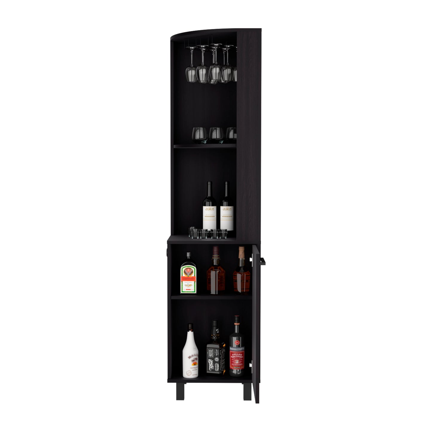 Kaia Corner Bar Cabinet with superior Glasses shelves and Cubby Shelving