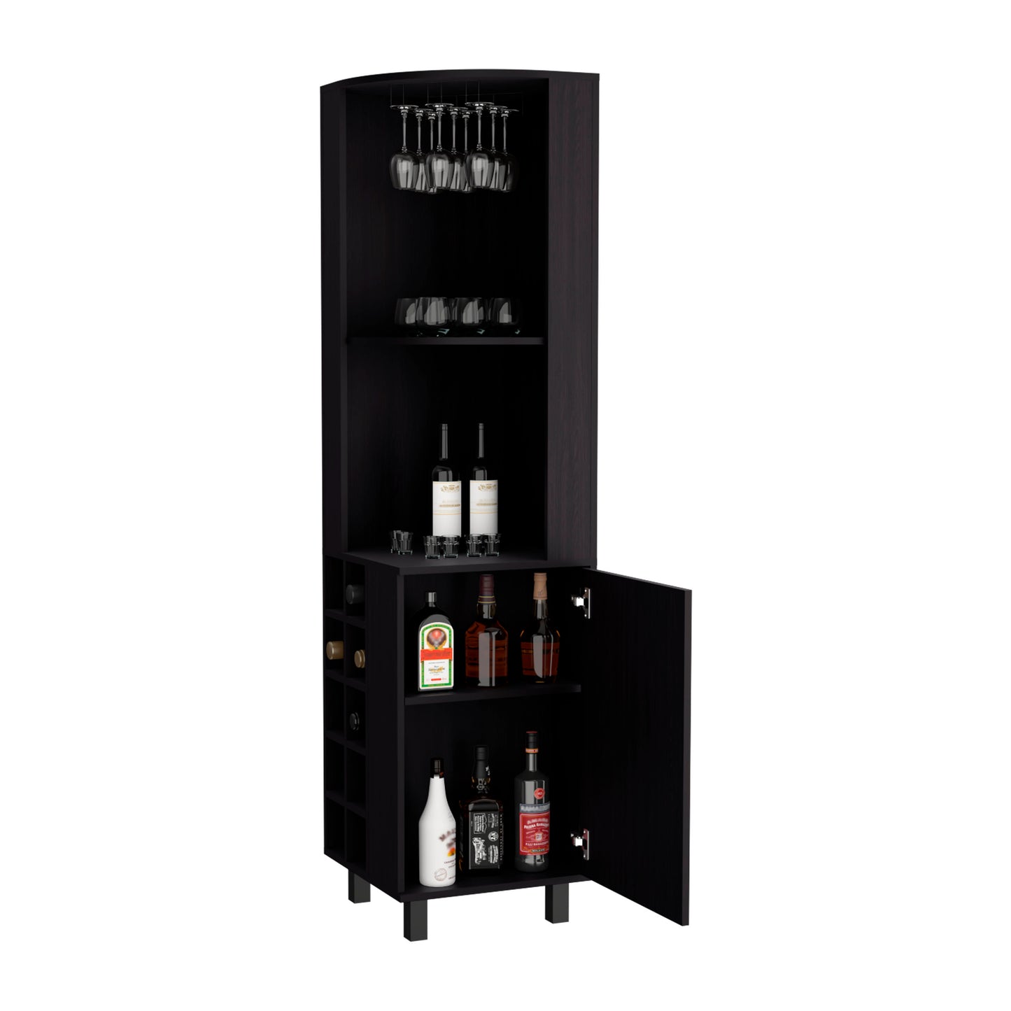 Kaia Corner Bar Cabinet with superior Glasses shelves and Cubby Shelving