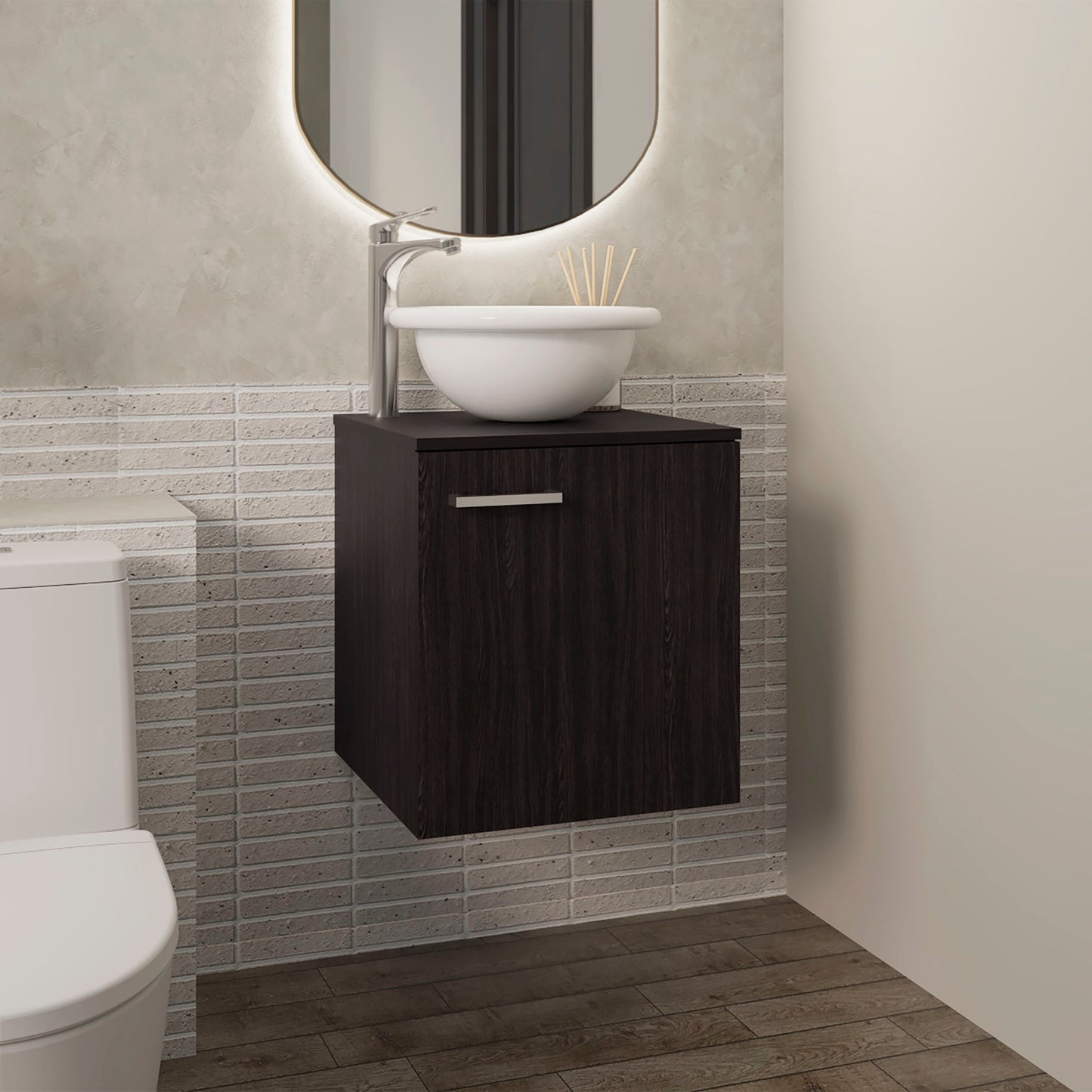 Clyde Floating, Wide One-Door Cabinet Vanity, With Wessel Sink And One Shelf, Bathroom Storage