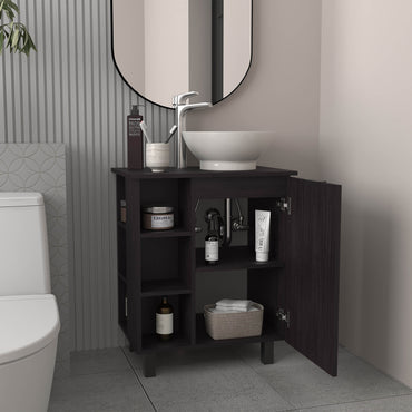 Allegra Vessel Sink Vanity with One Door Storage and Open Shelves Freestanding Bathroom Cabinet Compact Modern Vessel Basin Organizer Small Space Storage Solution