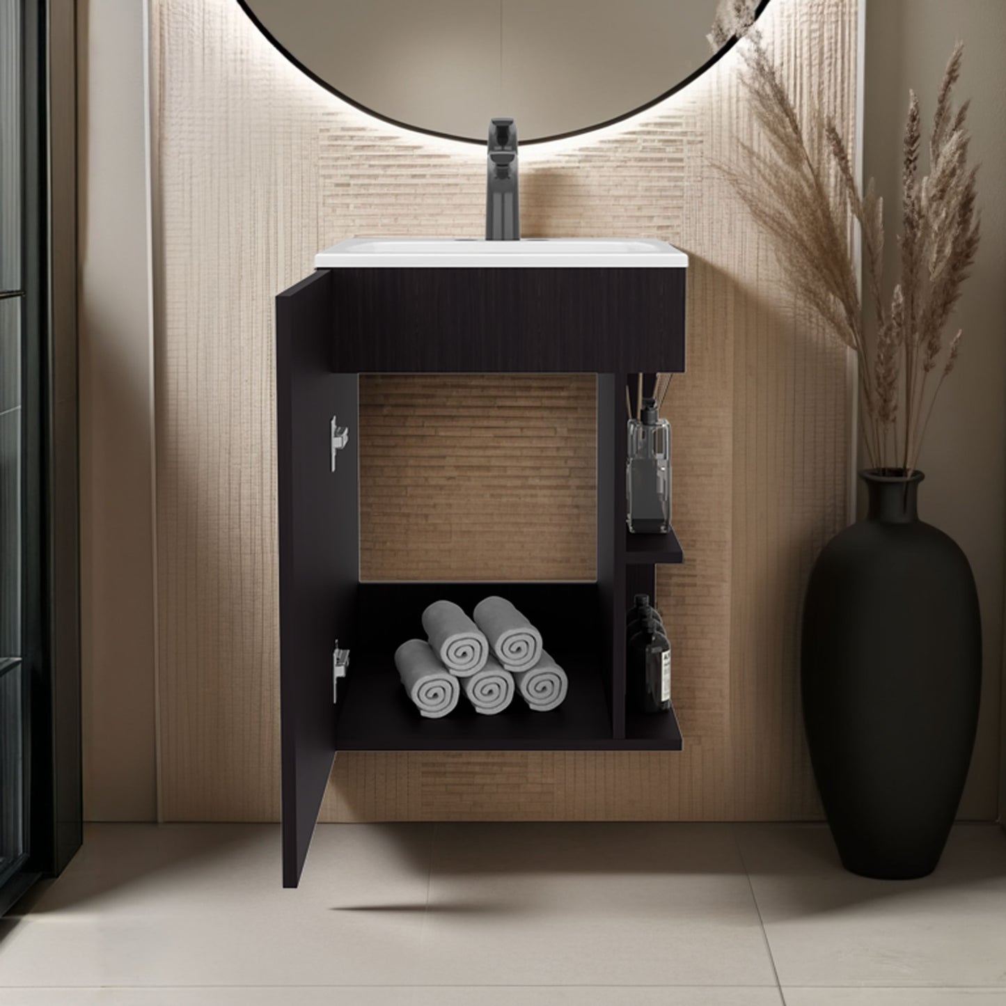 Colton Free Standing Bathroom Vanity With One Door Cabinet And Open Shelf, Modern Compact Sink Cabinet