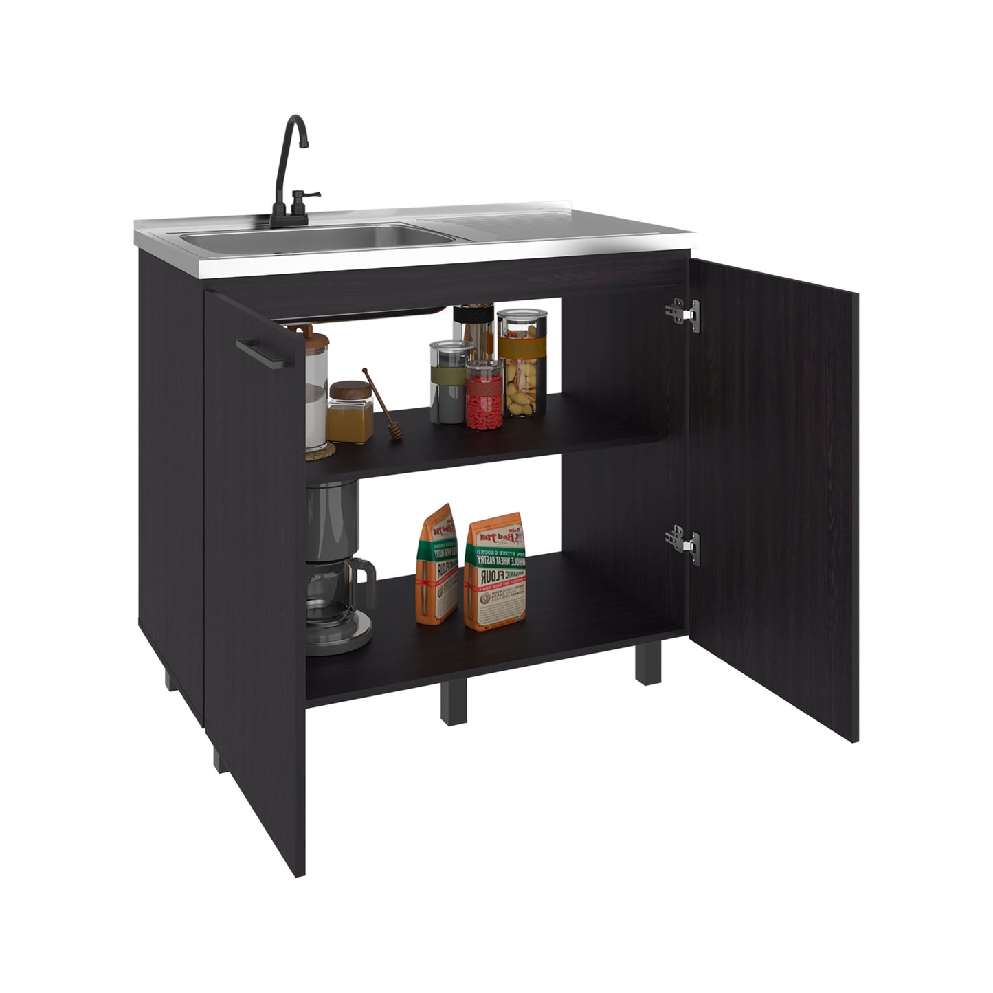 Napoles Utility Sink with Faucet Inclued and Integrated Steel Counter top, Freestanding cabinet with two doors, Metal Handles and Two interior shelves.