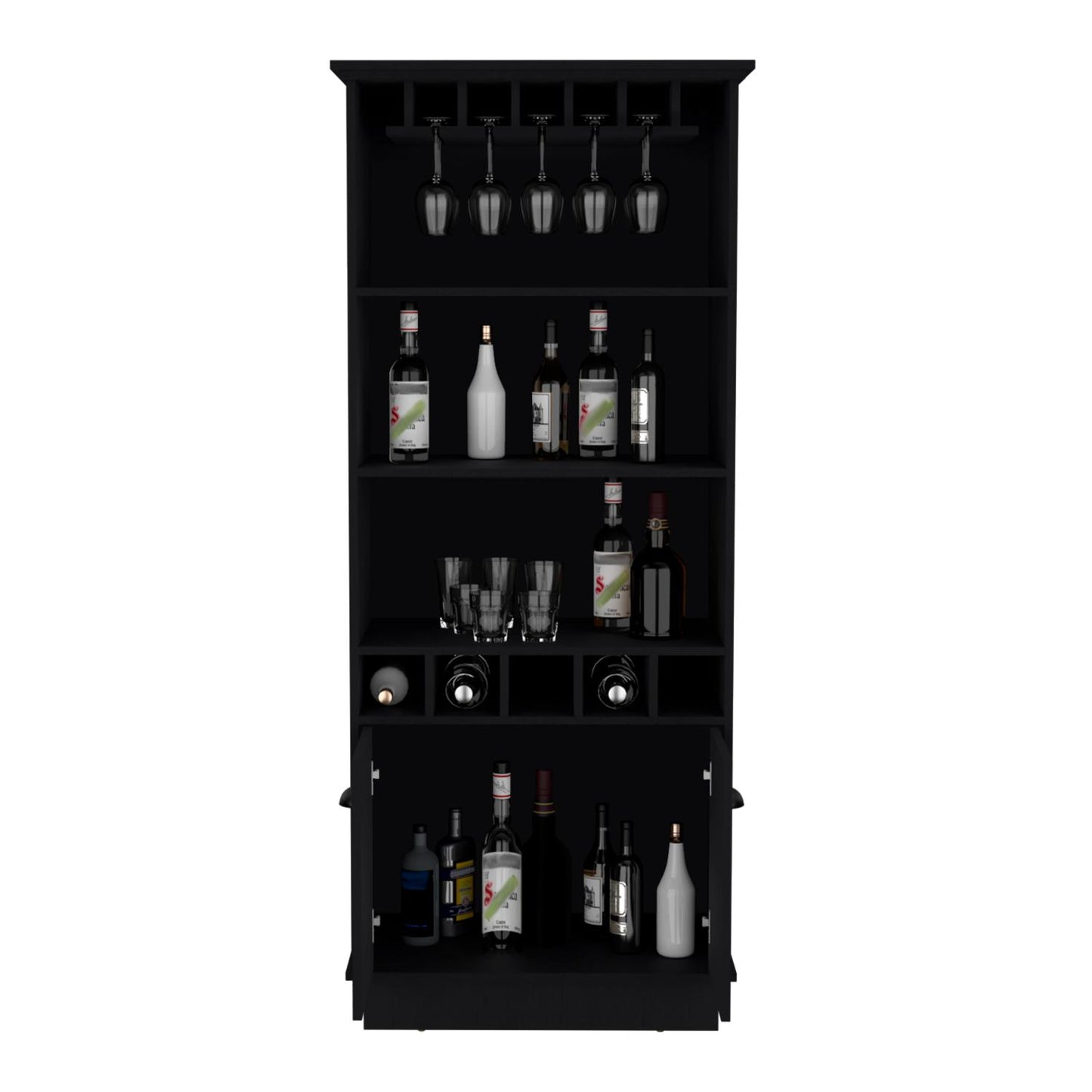 Dundee 70-Inch High 10-Glass Bar Cabinet With 5 Cubbies And 3 Open Shelves And Cabinet