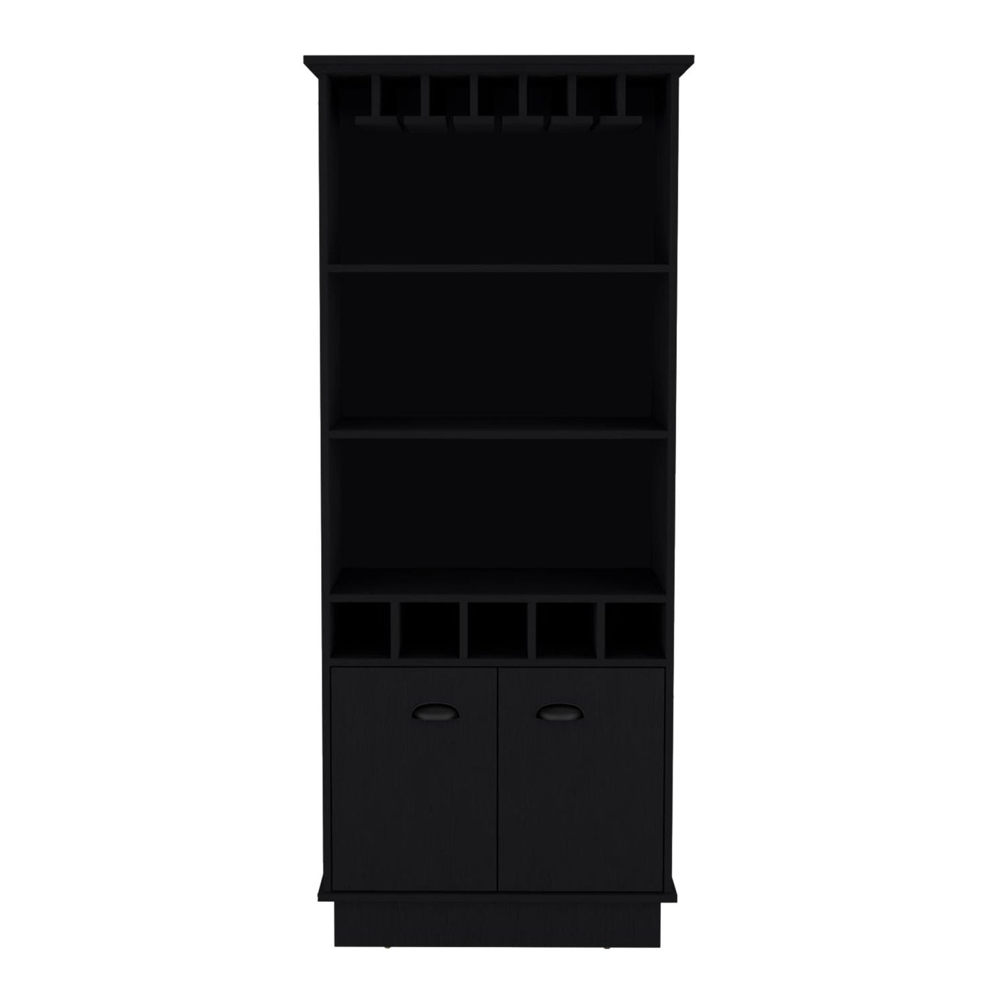 Dundee 70-Inch High 10-Glass Bar Cabinet With 5 Cubbies And 3 Open Shelves And Cabinet