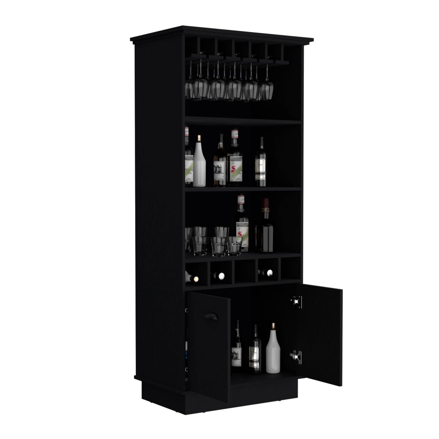 Dundee 70-Inch High 10-Glass Bar Cabinet With 5 Cubbies And 3 Open Shelves And Cabinet
